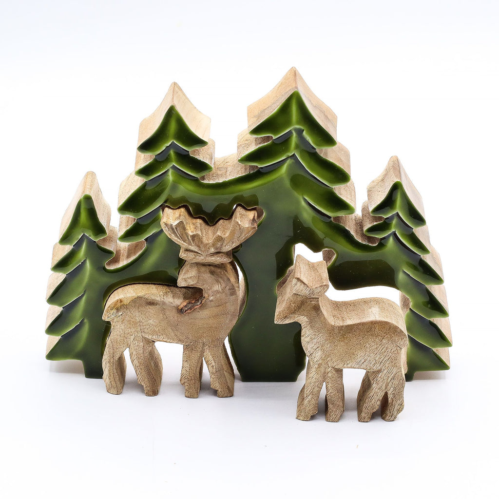 Perdido en el bosque - Dos ciervos en el bosque  Decoración de madera 3D - 18x23cm