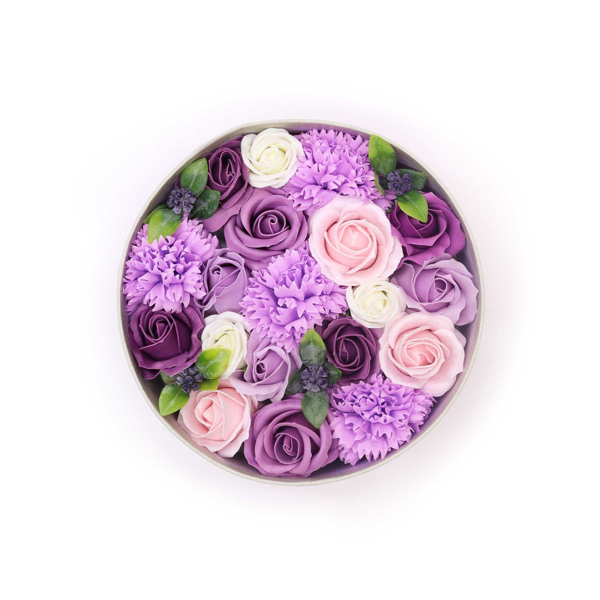 Caja redonda de flores de jabón — Lavanda y clavel