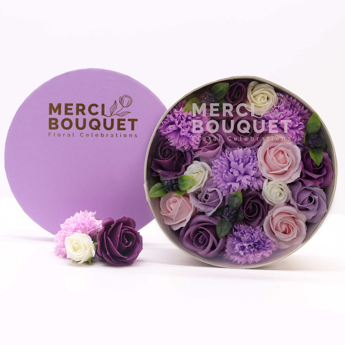 Caja redonda de flores de jabón — Lavanda y clavel
