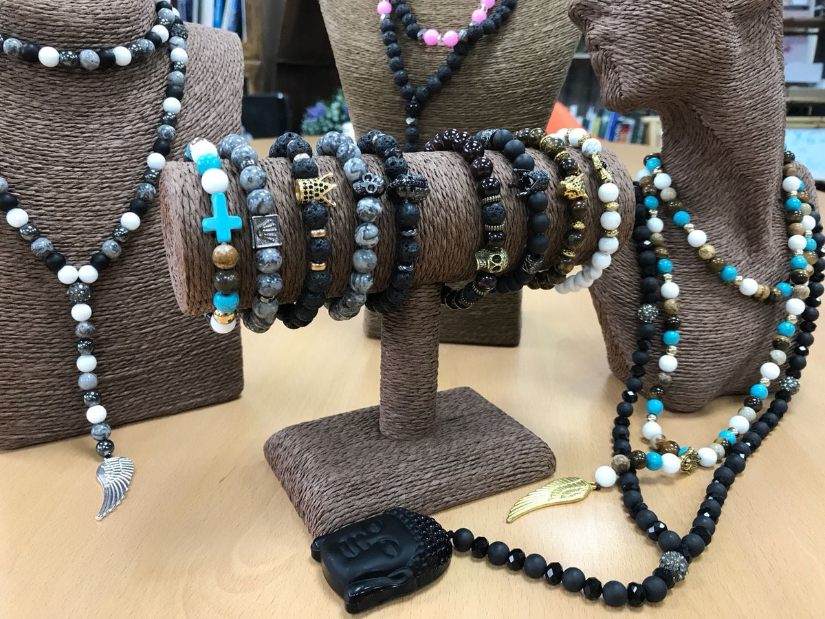 Hamsa / Ágata negra - Pulsera de piedras preciosas