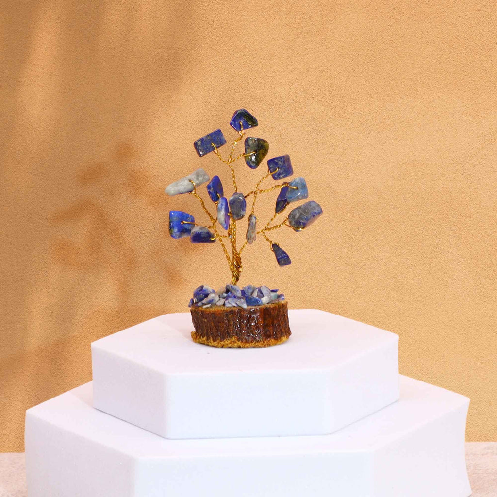 Mini árbol de piedras preciosas sobre base de madera - Sodalita (15 piedras)