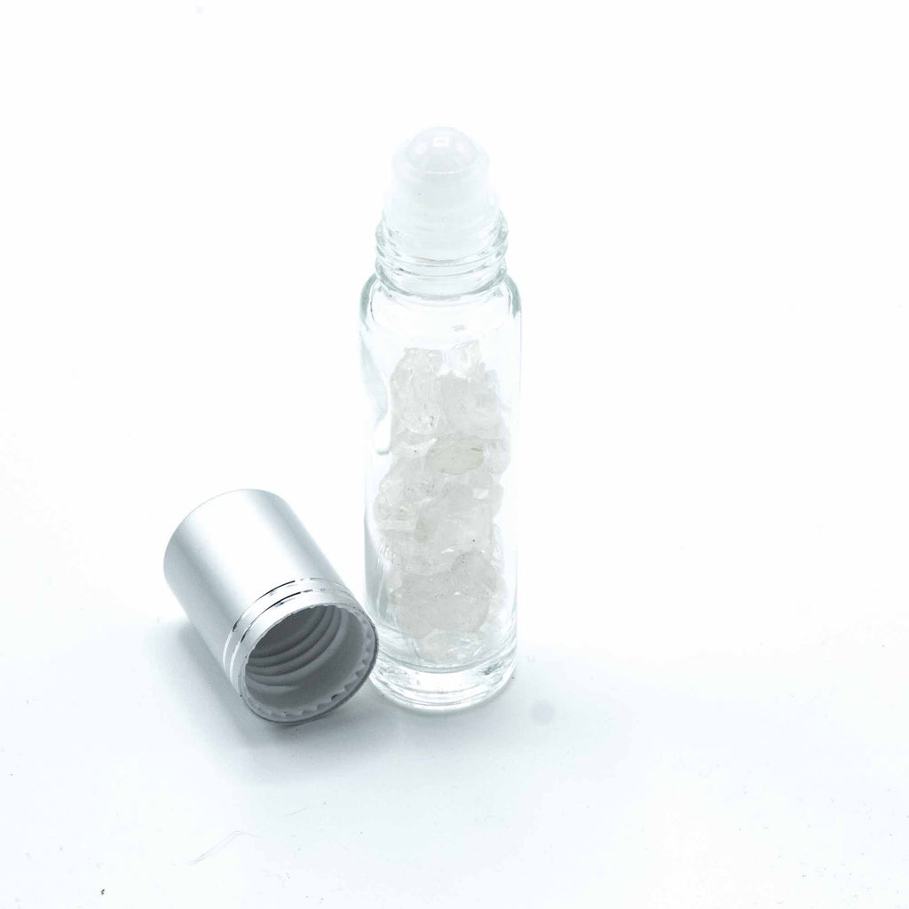Botella de rodillo de aceite esencial de piedras preciosas - Cuarzo de roca - Tapa plateada