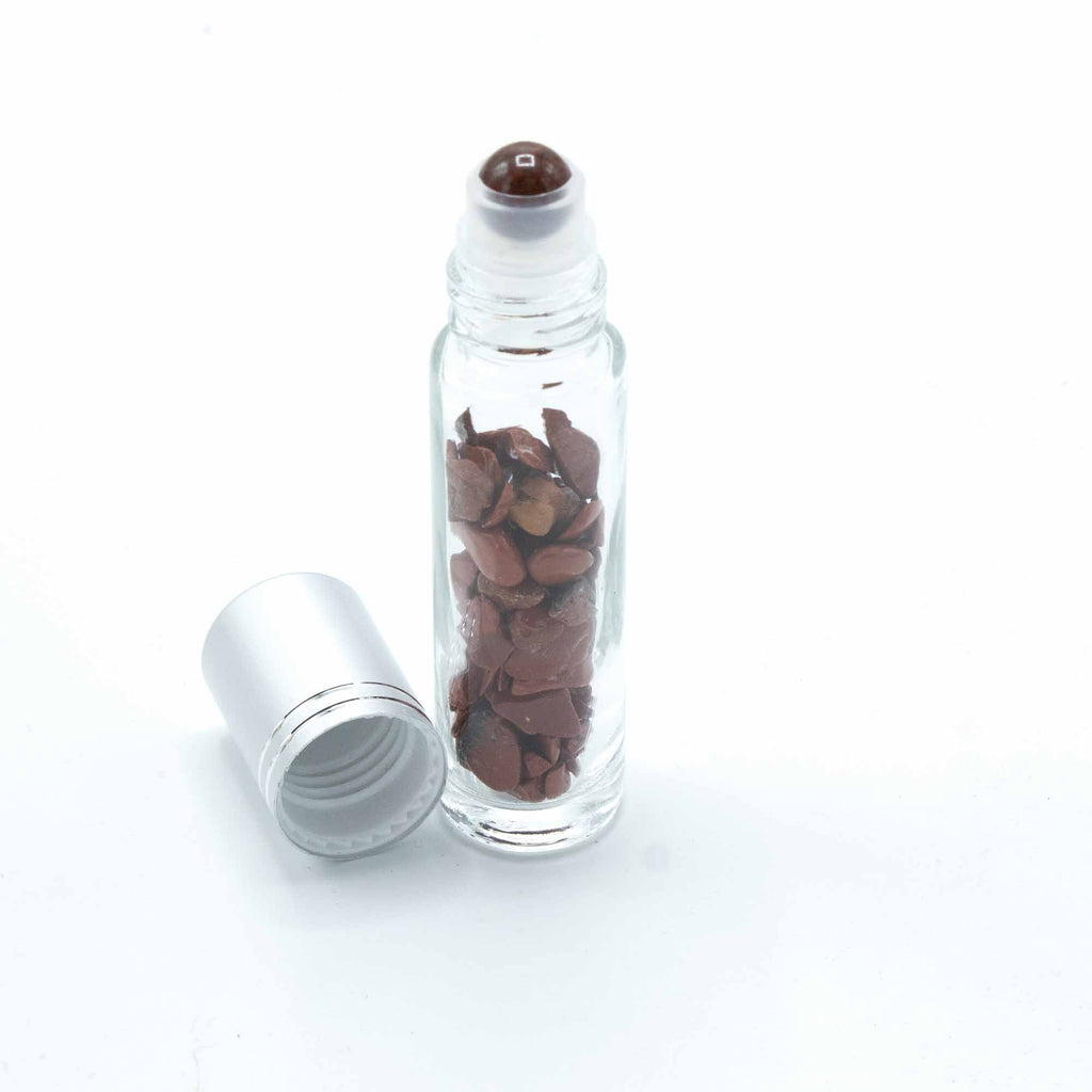 Botella de rodillo de aceite esencial de piedras preciosas - Jaspe rojo - Tapa plateada