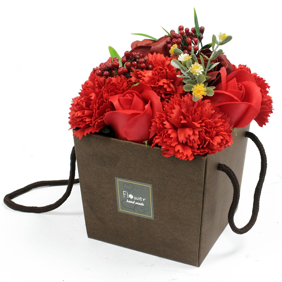 Bouquet de flores de jabón — Rosas rojas y clavel