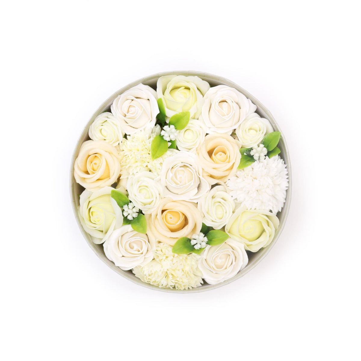 Caja redonda de flores de jabón — Blanco y marfil