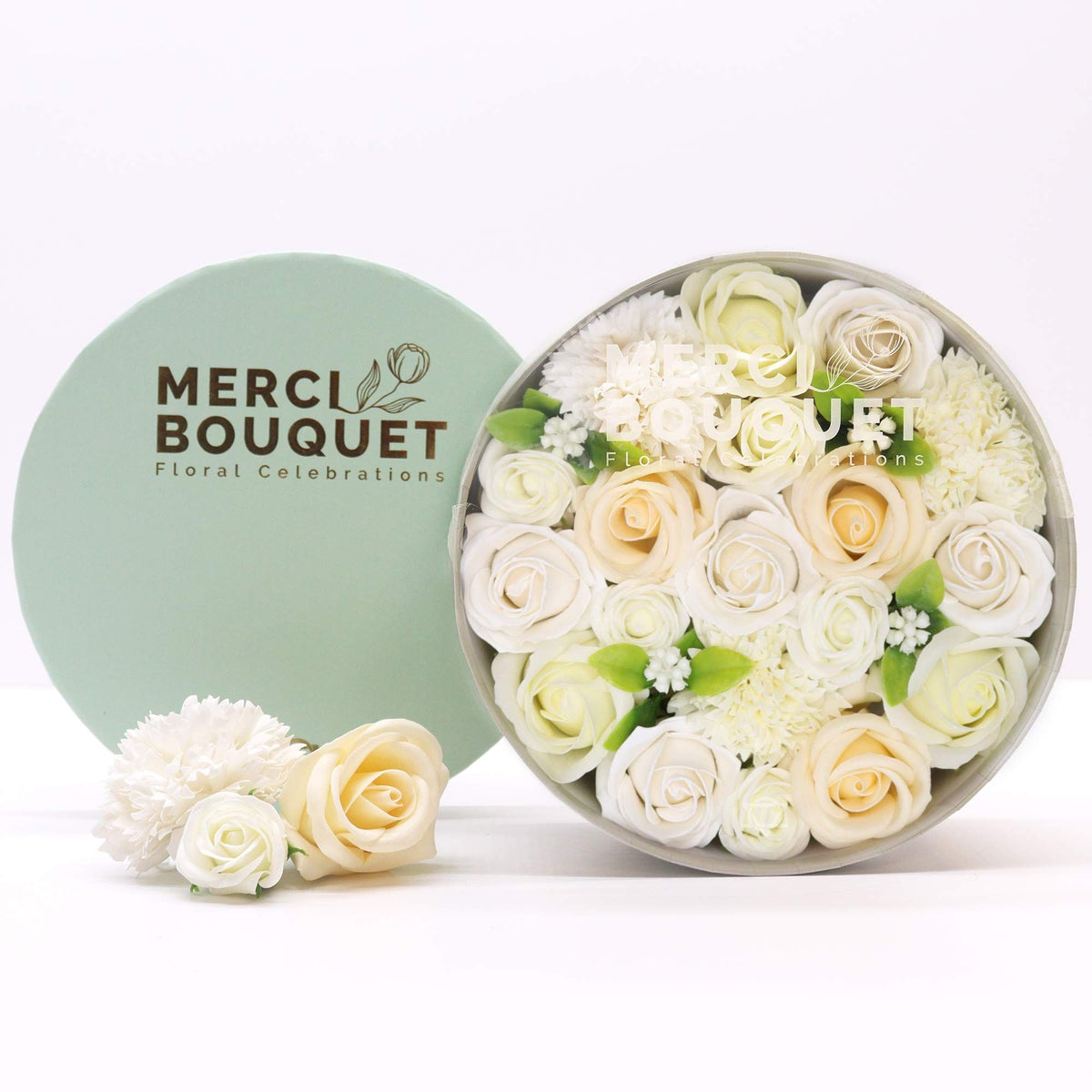 Caja redonda de flores de jabón — Blanco y marfil
