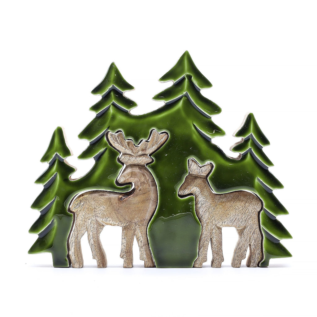 Perdido en el bosque - Dos ciervos en el bosque  Decoración de madera 3D - 18x23cm