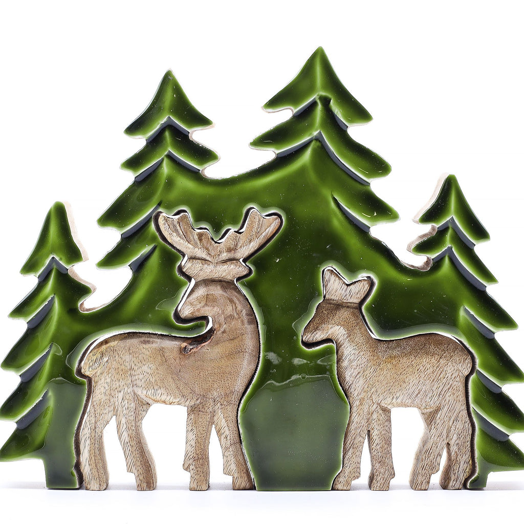 Perdido en el bosque - Dos ciervos en el bosque  Decoración de madera 3D - 18x23cm