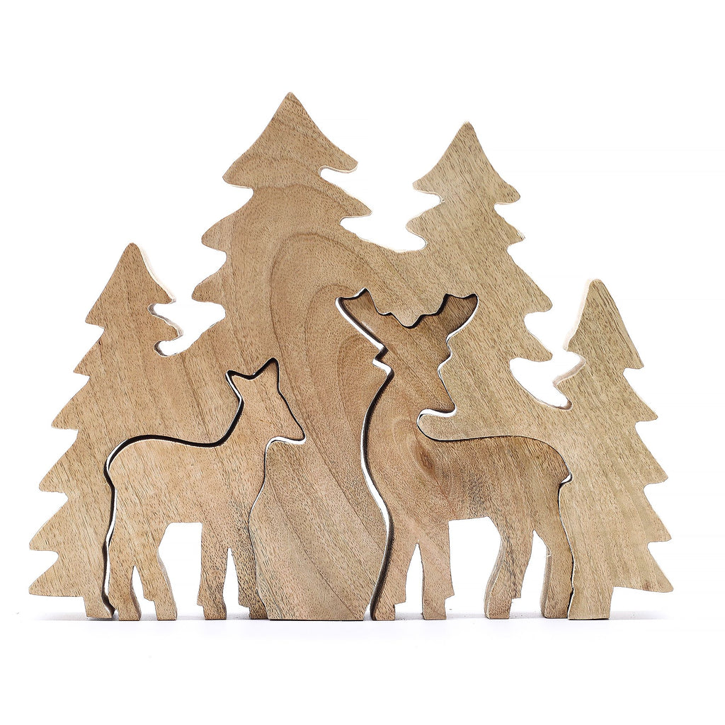 Perdido en el bosque - Dos ciervos en el bosque  Decoración de madera 3D - 18x23cm