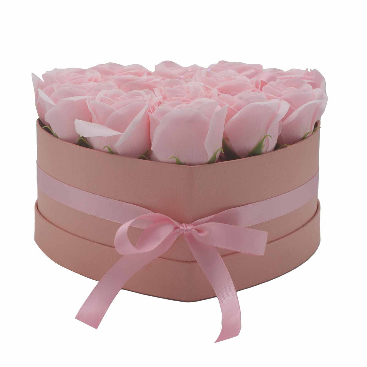 Caja corazón con 13 rosas de jabón — Rosa